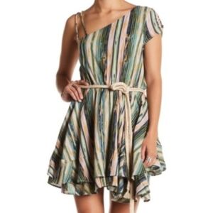 Free People One Shoulder Tiered Ruffle Mini Dress Green Striped Boho Size Medium